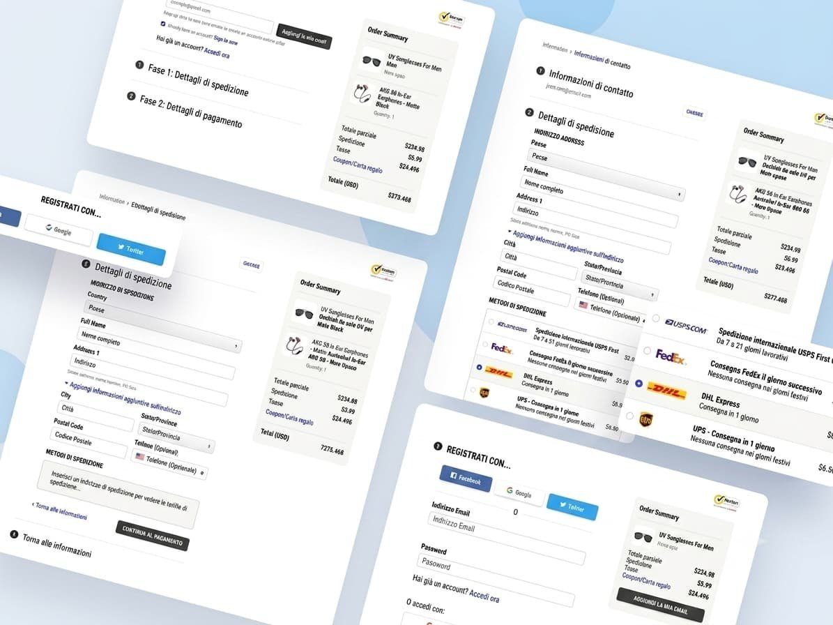 Illustrazione di un flusso di checkout e-commerce con fasi di spedizione, pagamento e registrazione account