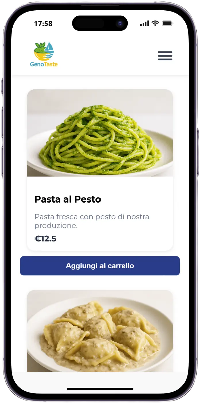 Screenshot della schermata menu dell'app GenoTaste, progetto personale di Edoardo Zampini, con piatti e aggiunta al carrello