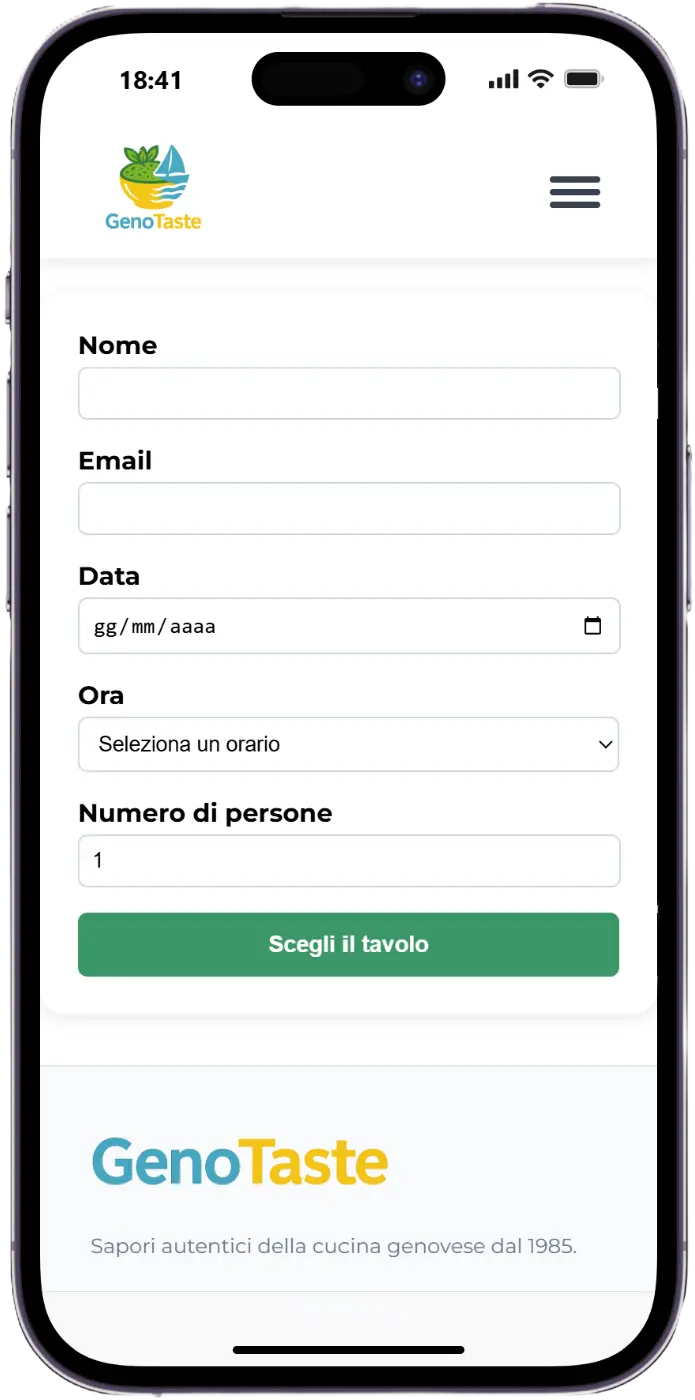 Screenshot del form di prenotazione dell'app GenoTaste, progetto personale di Edoardo Zampini, con data, orario e numero di persone