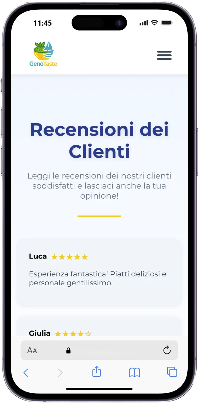 Screenshot della schermata recensioni dell'app GenoTaste, progetto personale di Edoardo Zampini, con valutazioni e commenti dei clienti