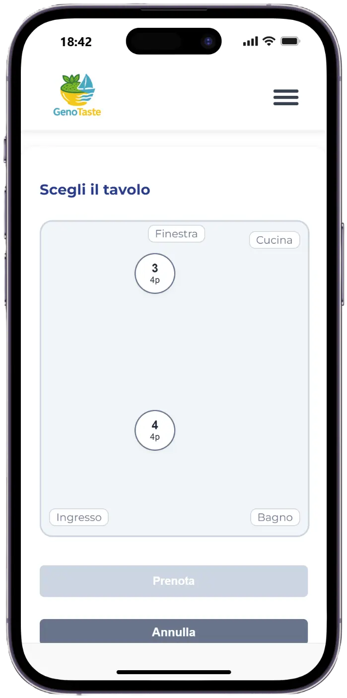 Screenshot della schermata di selezione tavolo dell'app GenoTaste, progetto personale di Edoardo Zampini, con mappa interattiva del locale