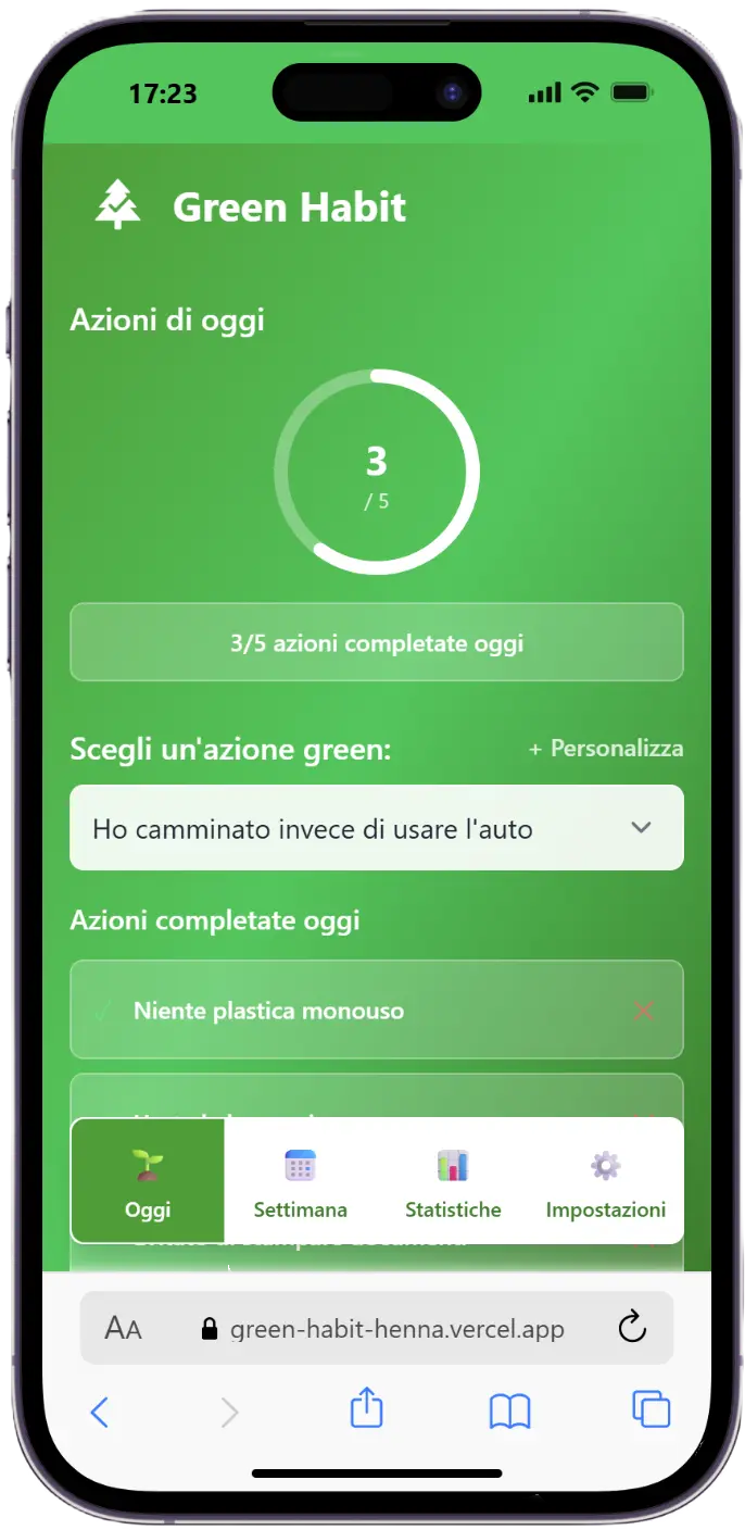 Screenshot dell'app Green Habit, progetto personale di Edoardo Zampini per il tracciamento di abitudini sostenibili