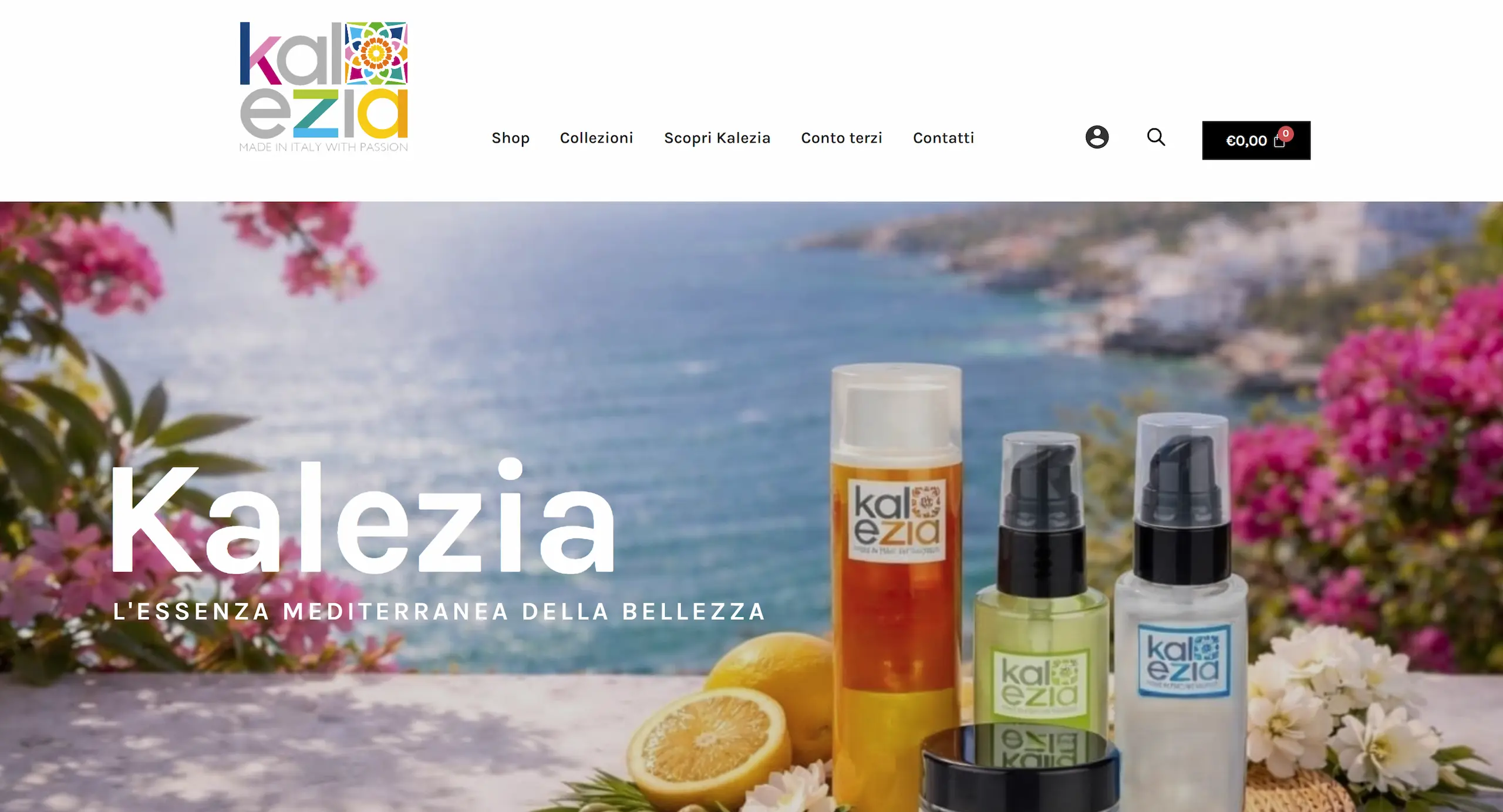 Header e hero del sito Kalezia, e-commerce di cosmetici italiani, realizzato da Edoardo Zampini