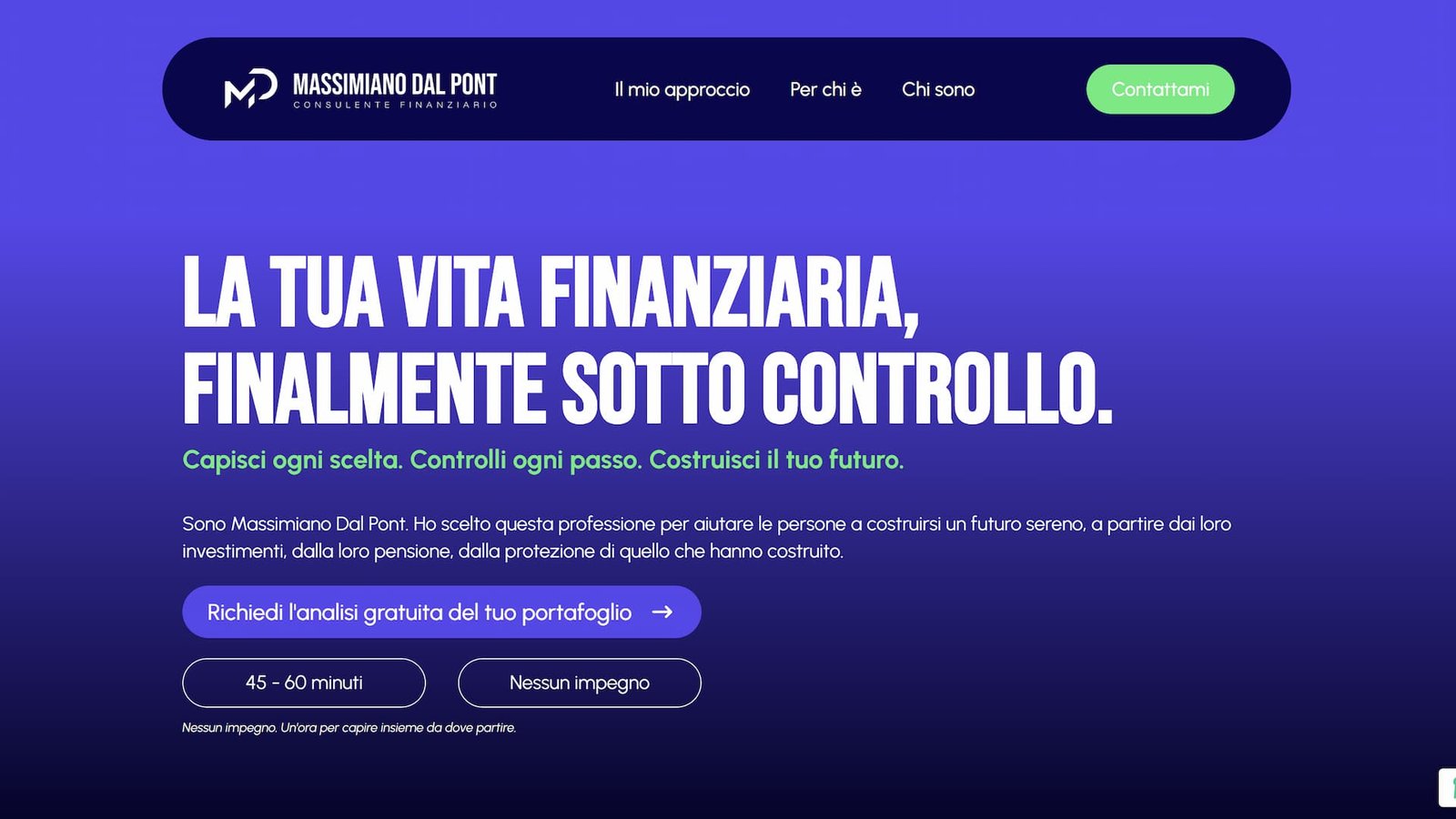 Screenshot del sito Massimiano Dal Pont, consulente finanziario, realizzato da Edoardo Zampini