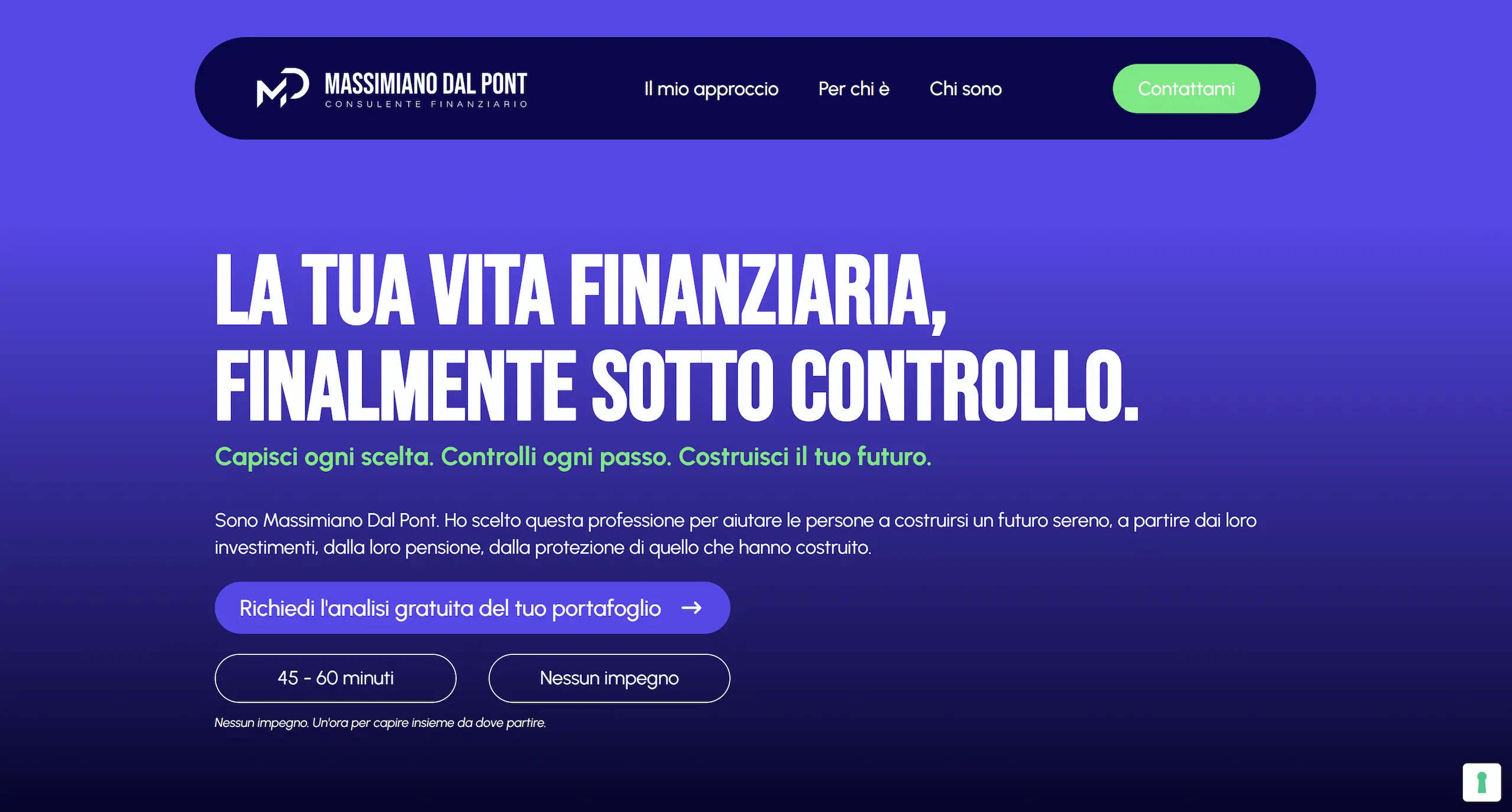 Header e hero del sito di Massimiano Dal Pont, consulente finanziario, realizzato da Edoardo Zampini