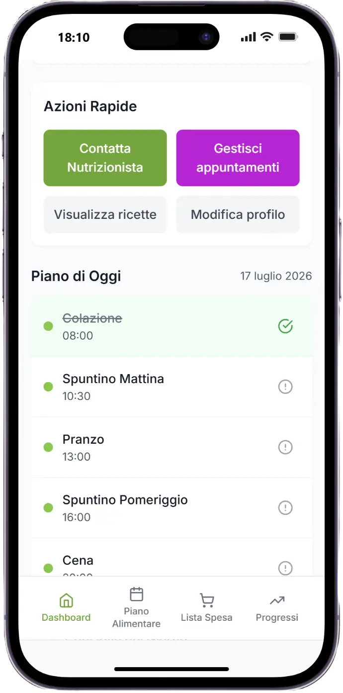 Screenshot della dashboard dell'app Sanora, progetto personale di Edoardo Zampini, con azioni rapide e piano giornaliero