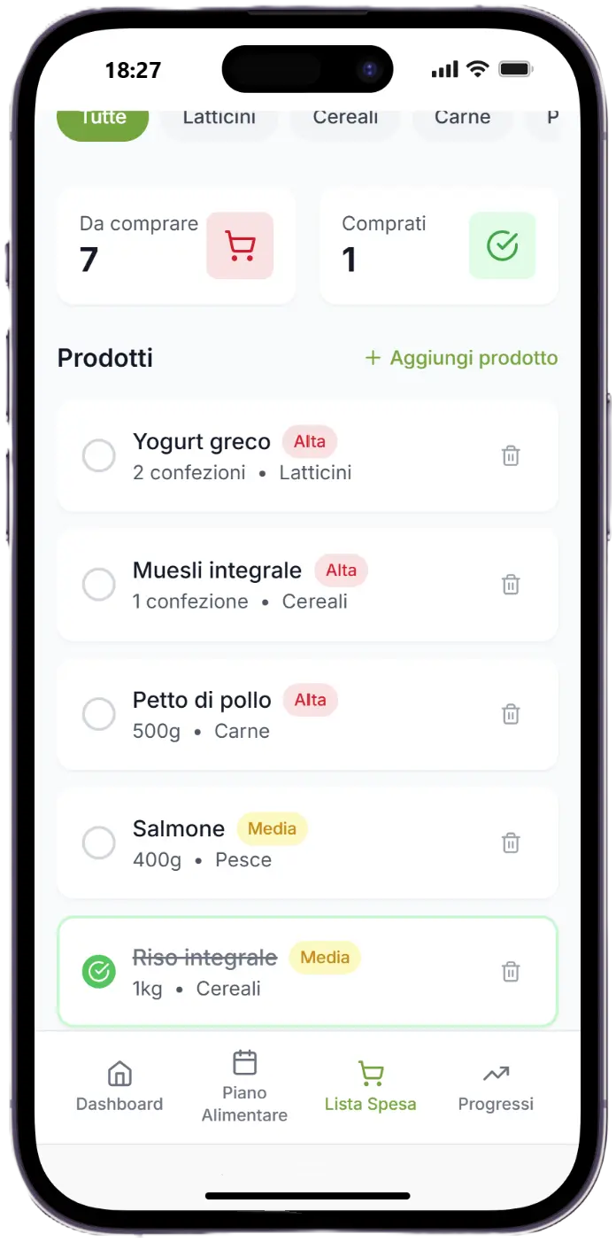 Screenshot della schermata Lista Spesa dell'app Sanora, progetto personale di Edoardo Zampini, con prodotti organizzati per categoria
