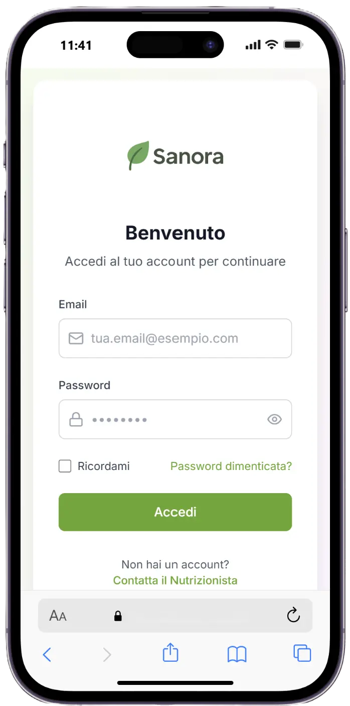Screenshot della schermata di accesso dell'app Sanora, progetto personale di Edoardo Zampini