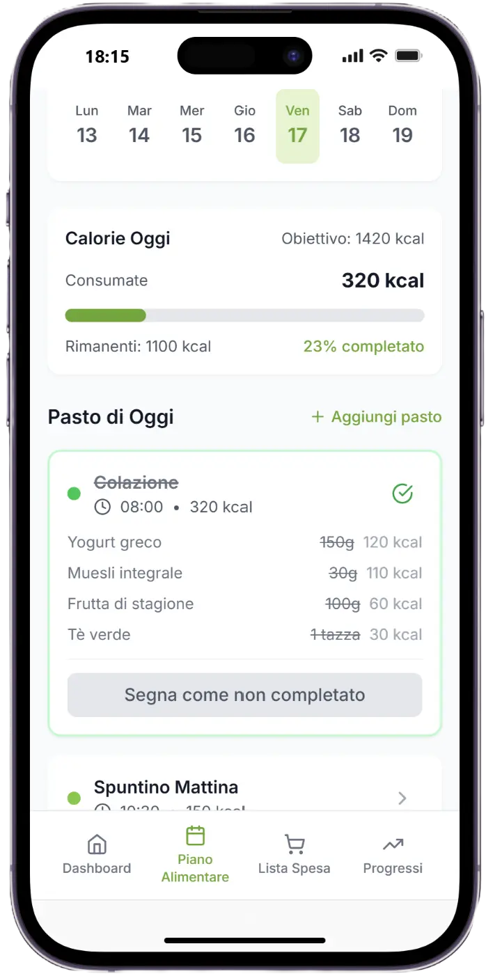 Screenshot della schermata Piano Alimentare dell'app Sanora, progetto personale di Edoardo Zampini, con tracciamento calorie e pasti giornalieri
