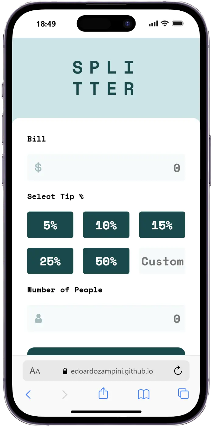 Screenshot dell'app Splitter, progetto personale di Edoardo Zampini per dividere il conto tra più persone