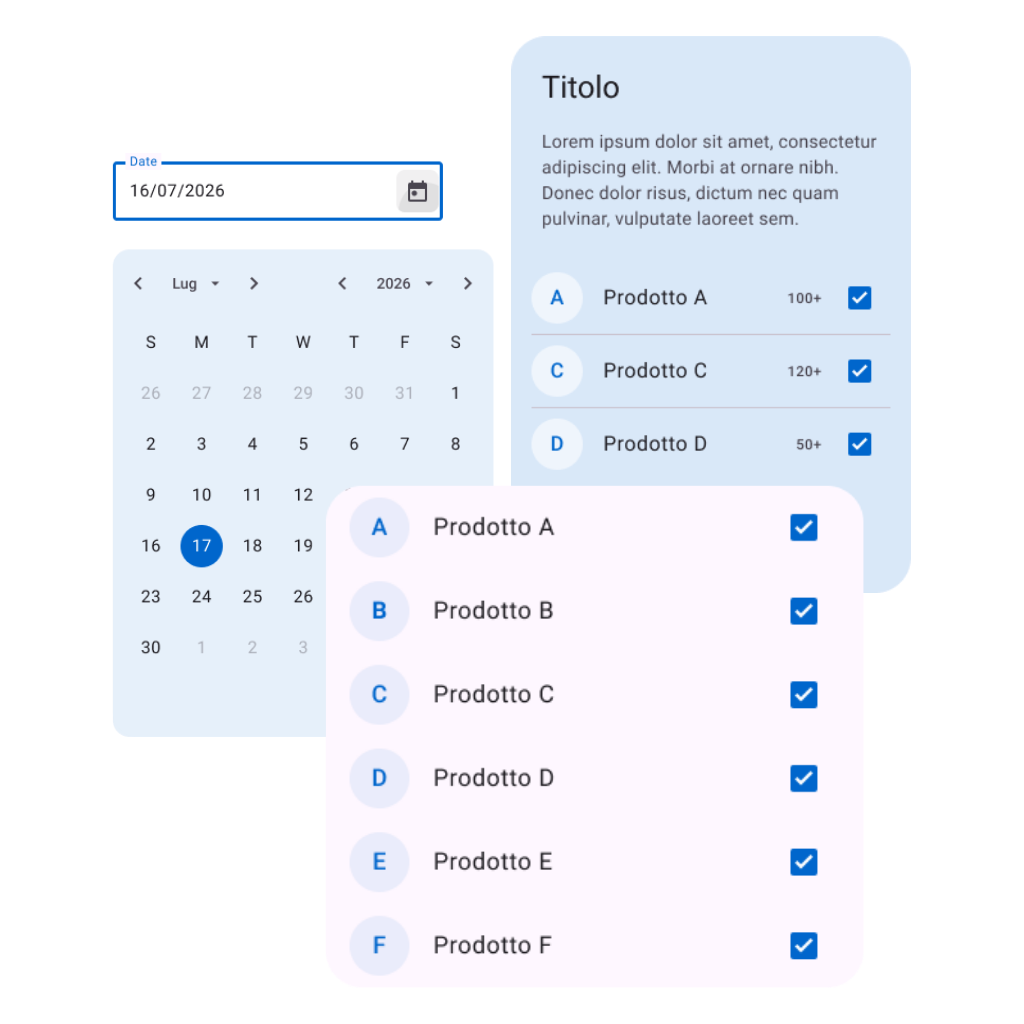 Illustrazione di un'interfaccia web app per la digitalizzazione di un processo interno aziendale, con calendario e liste di gestione dati