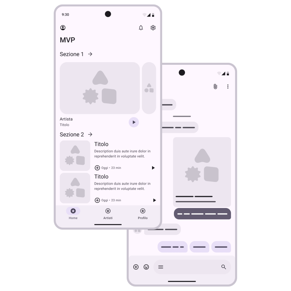 Illustrazione di schermate mobile di un MVP, con feed contenuti e chat, a rappresentare la costruzione di un prodotto scalabile