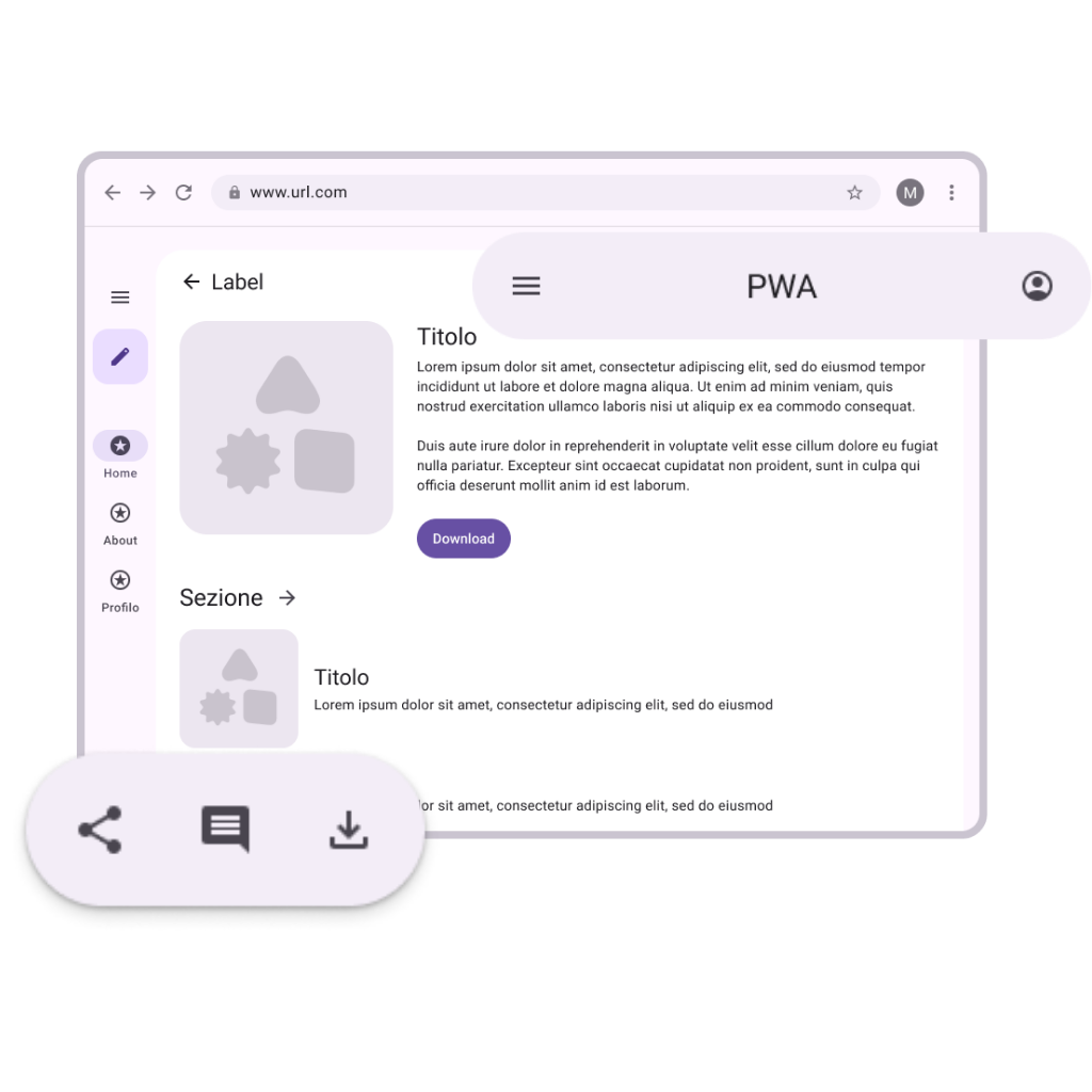 Illustrazione di un sito trasformato in Progressive Web App installabile, con opzioni di download e condivisione